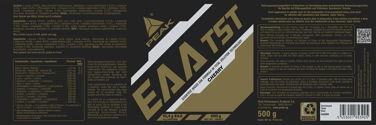 PEAK EAA - TS-Technology - 500g Geschmack Cherry I Pulver I alle essentiellen Aminosäuren I Muskelaufbau I schnell resorbierbar I vegan I B - Vitamine – Bild 2
