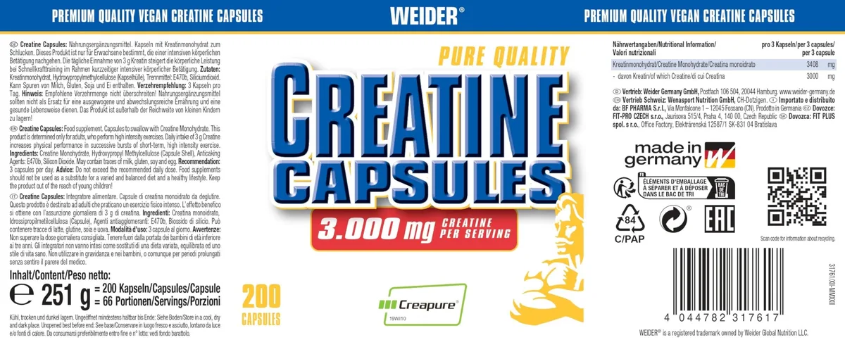 Weider - Pure Creatine Capsules - Ultra-reines Creapure für maximale Kraftsteigerung - Kreatin für den Muskelaufbau - 200 Kapseln – Bild 5