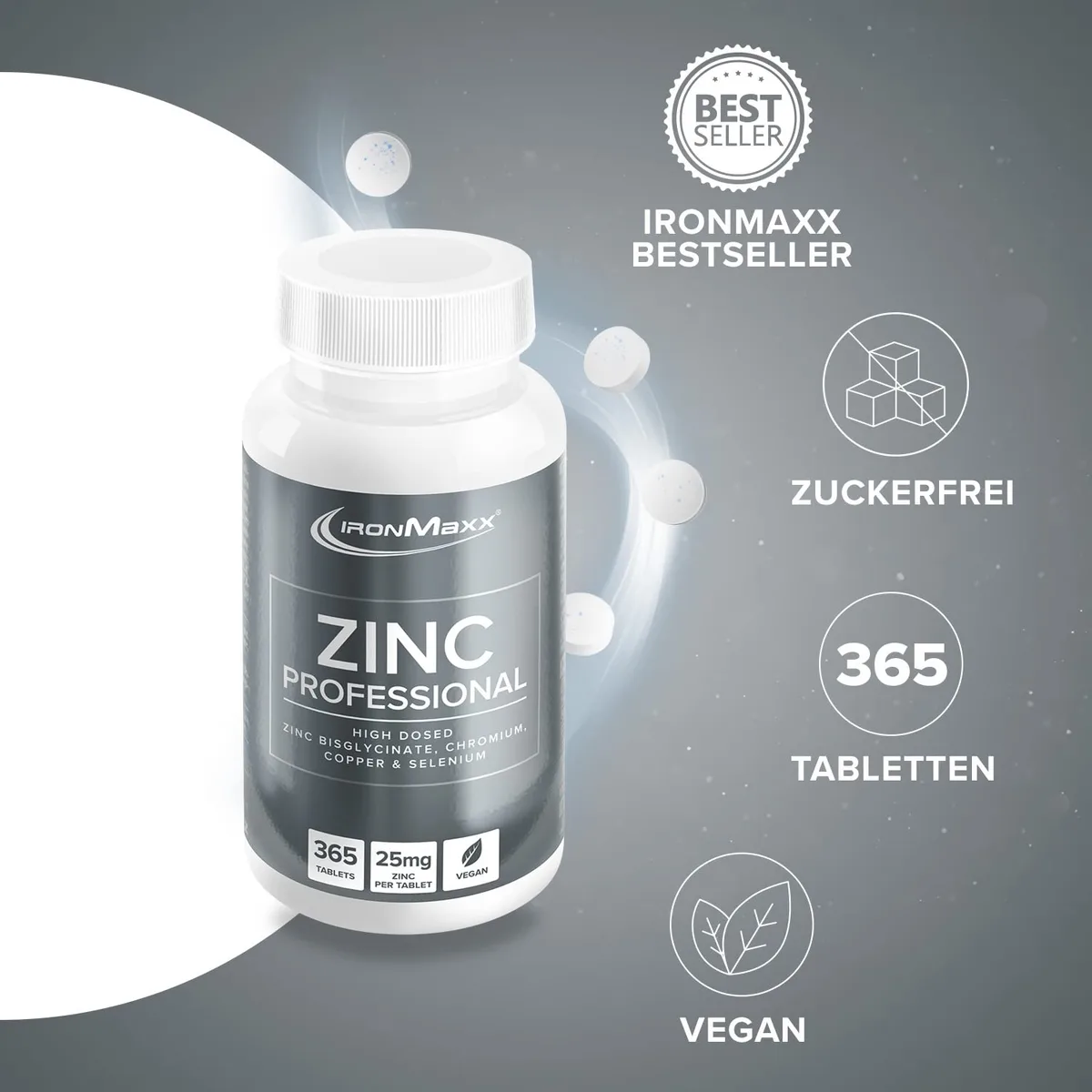 IronMaxx Zinc Professional - 365 vegane Zink-Tabletten hochdosiert | 25mg Zink pro Tablette | Zink Nahrungsergänzungsmittel mit Kupfer, Selen und Chrom – Bild 3