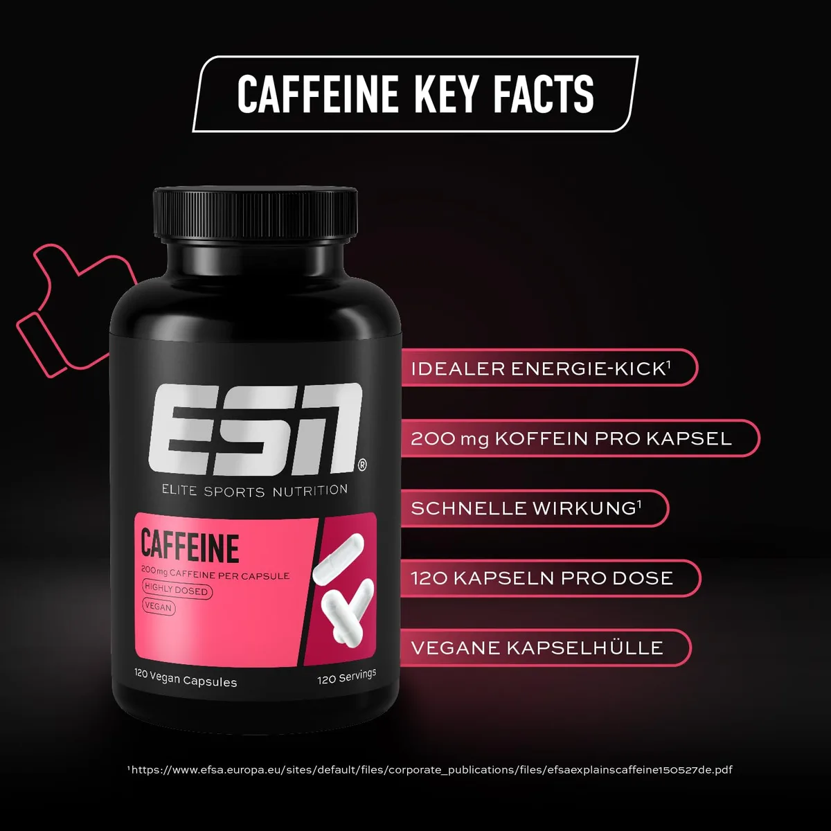 ESN Caffeine Caps, 120 Kapseln, hochdosierte Koffein Kapseln, 200 mg Koffein pro Tagesportion, vegan - made in Germany – Bild 3