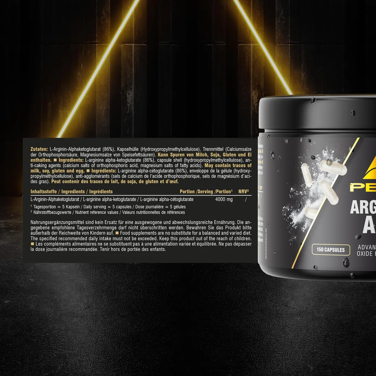 PEAK Arginin AKG - 150 Kapseln I Hochdosiertes L-Arginin Alpha-Ketoglutarat für Training, Durchblutung & Muskel-Pump I Pre-Workout Supplement – Bild 2