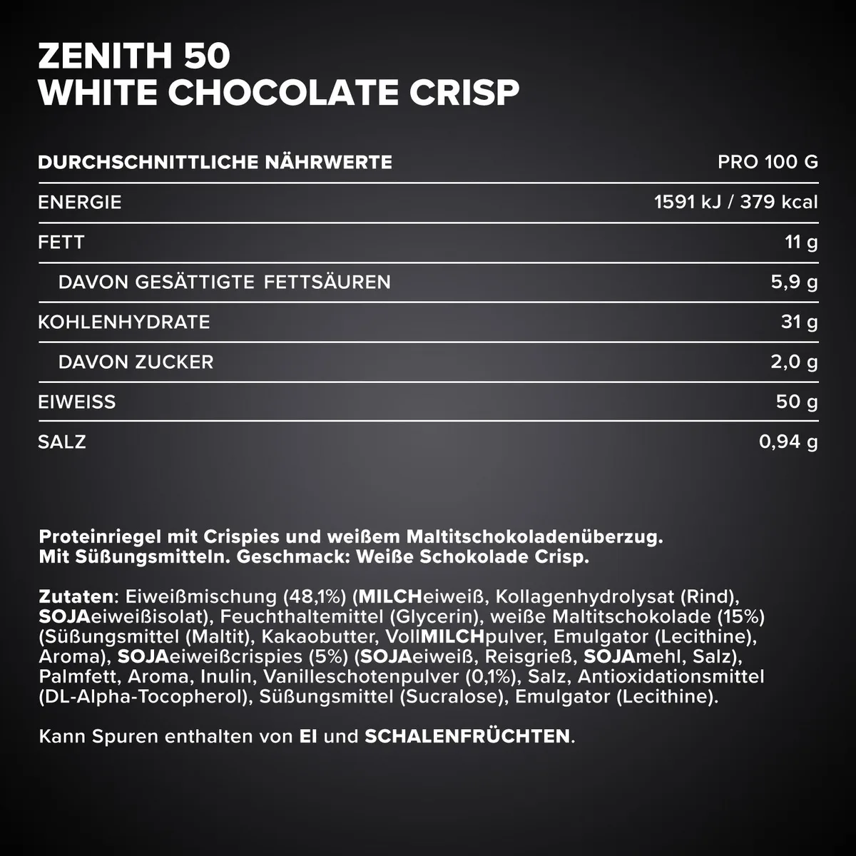 ZENITH® 50 Protein Riegel (100g) - Weiße Schokolade Crisp – Bild 4