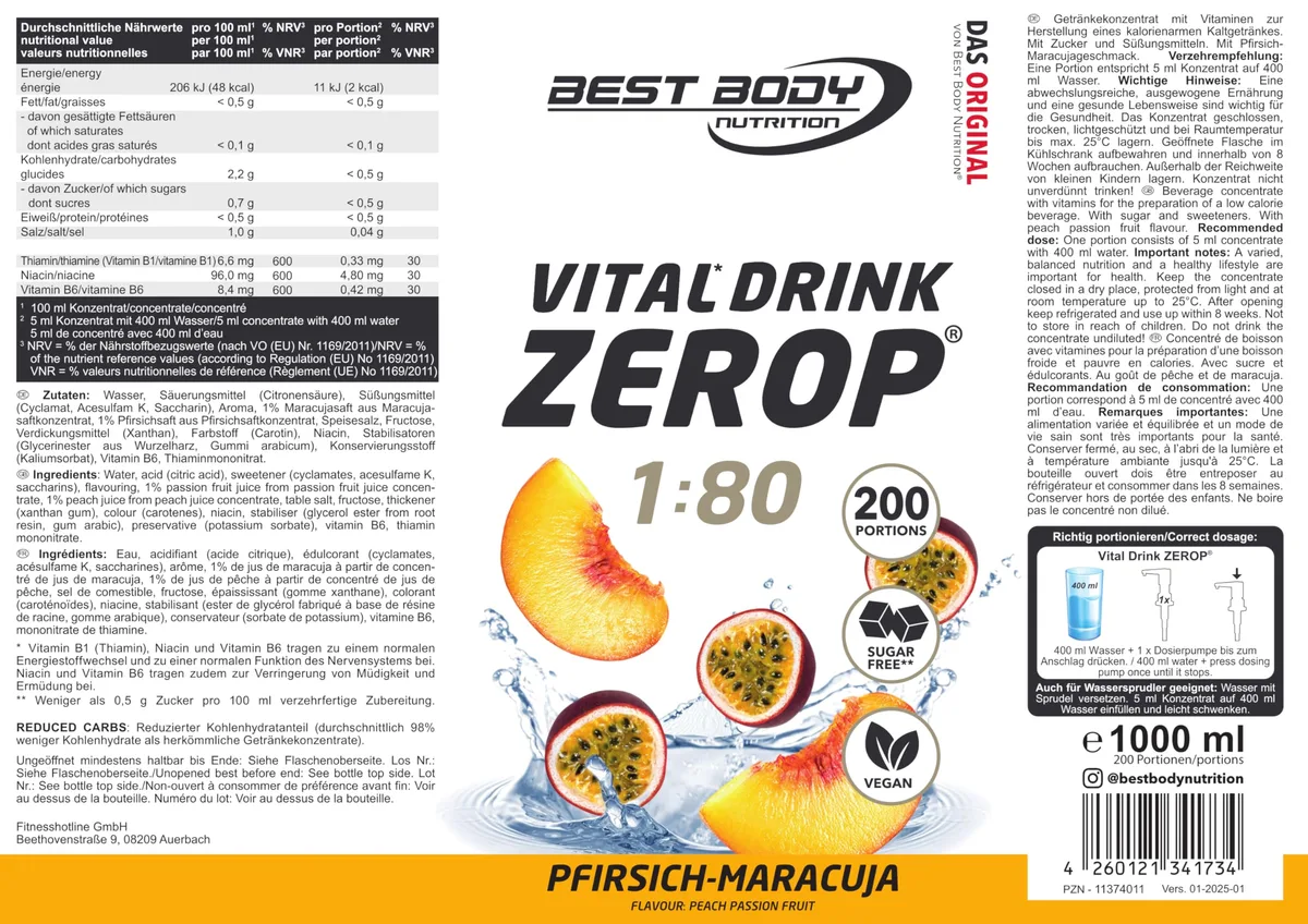 Best Body Nutrition ZEROP Vital Zuckerfreies Getränkekonzentrat Sirup Pfirsich-Maracuja Ohne Aspartam 1 L ergibt 80 L Getränk Fitness Drink mit Vitaminen B1 B6 Niacin Kalorienarm Wassersprudler – Bild 5