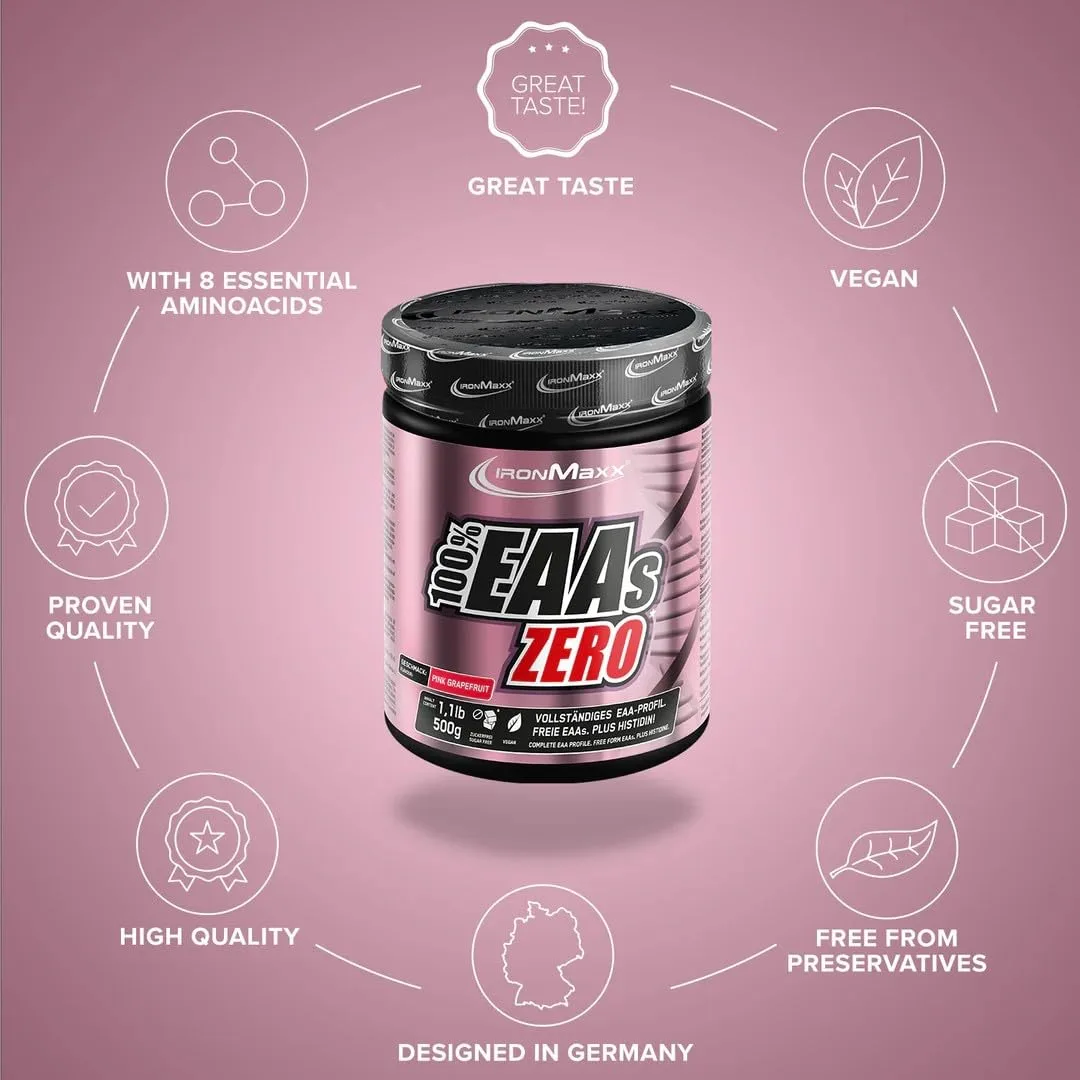 IronMaxx 100% EAAs Zero - Pink Grapefruit 500g Dose | EAA-Pulver,Vegan Und Zuckerfrei Mit Allen 8 Essentiellen Aminosäuren | Fruchtiger Geschmack, Frei Von Konservierungsstoffen – Bild 5