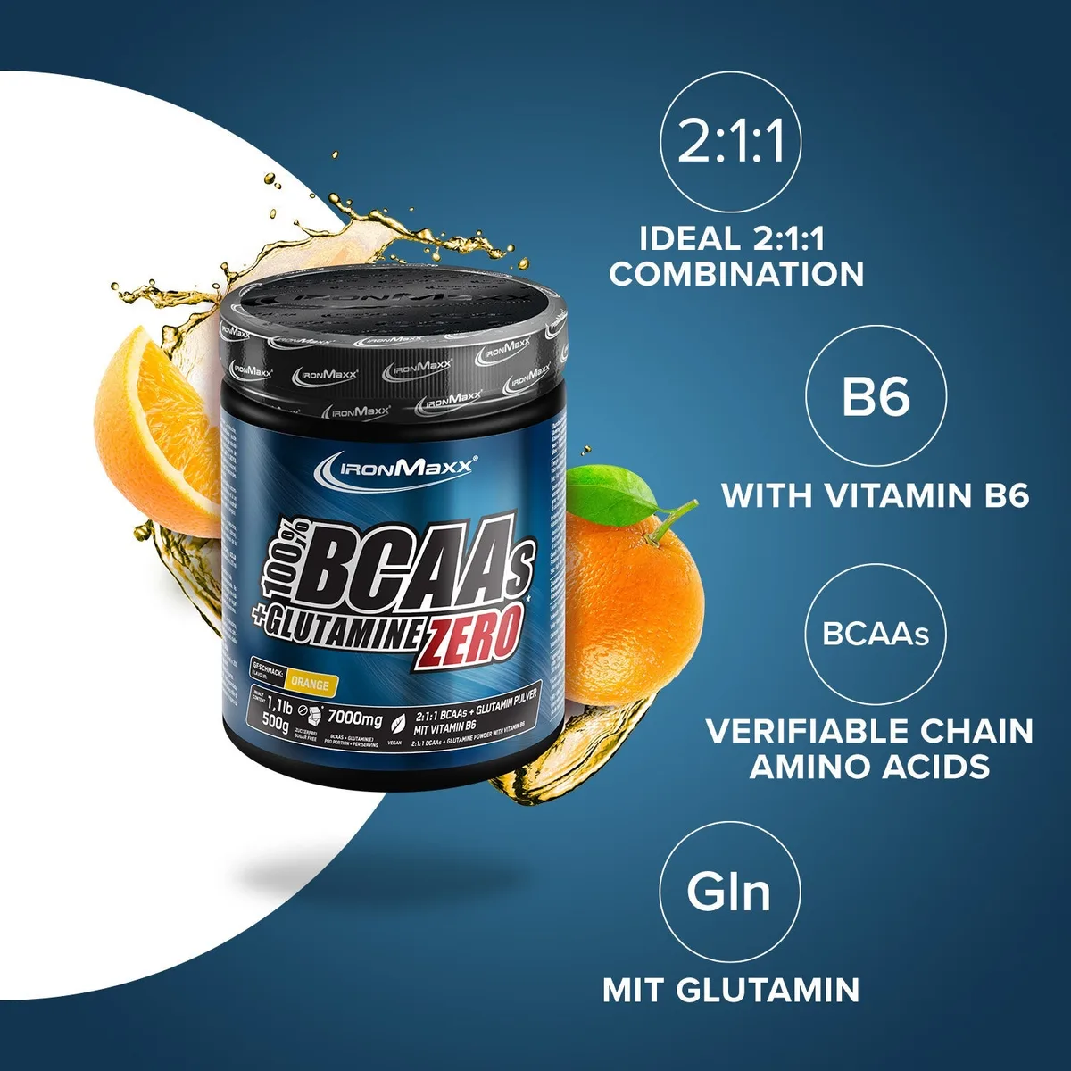 100% BCAAs + Glutamine Zero (500g) - Orange – Bild 7