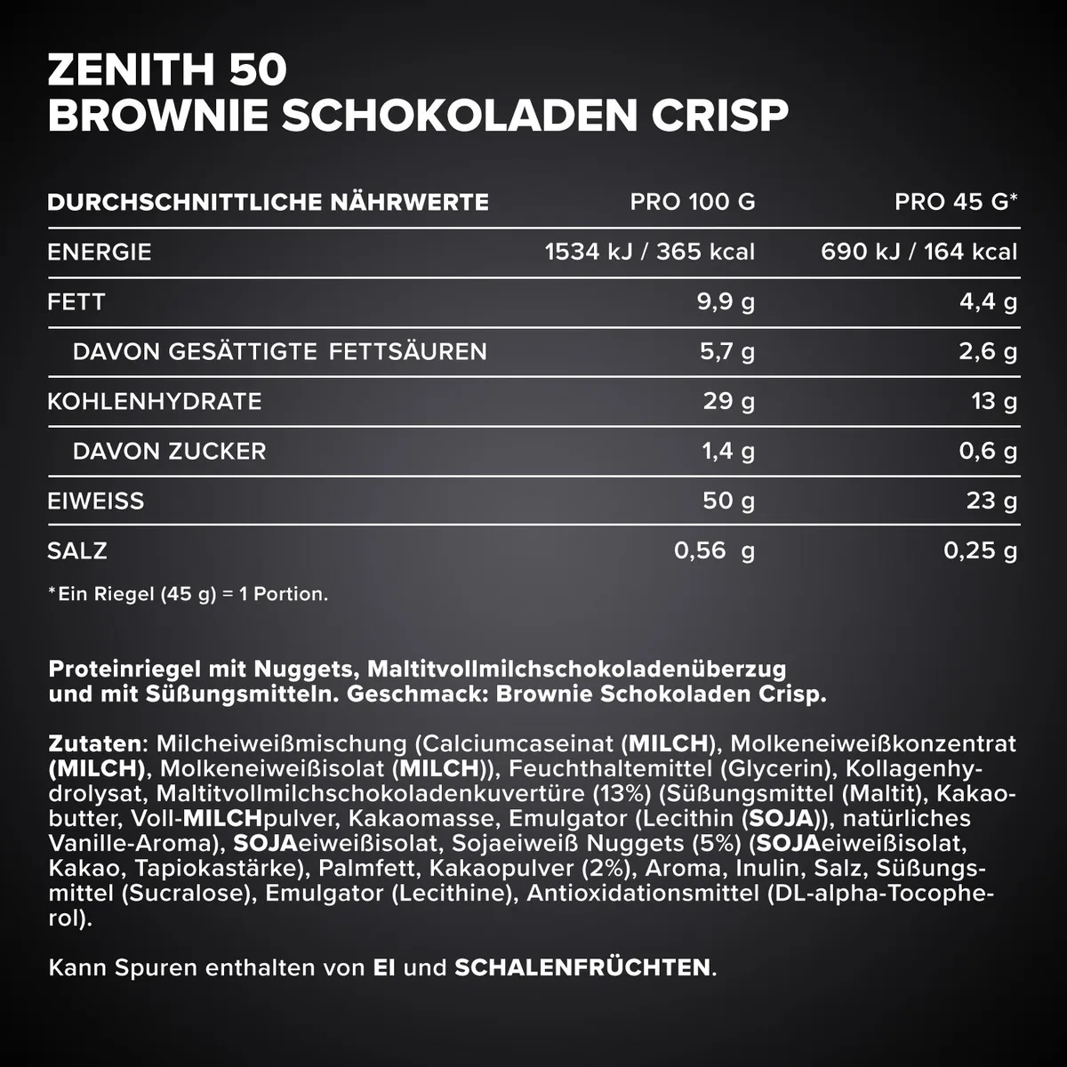 ZENITH® 50 Protein Riegel (45g) - Brownie Chocolate Crisp – Bild 4