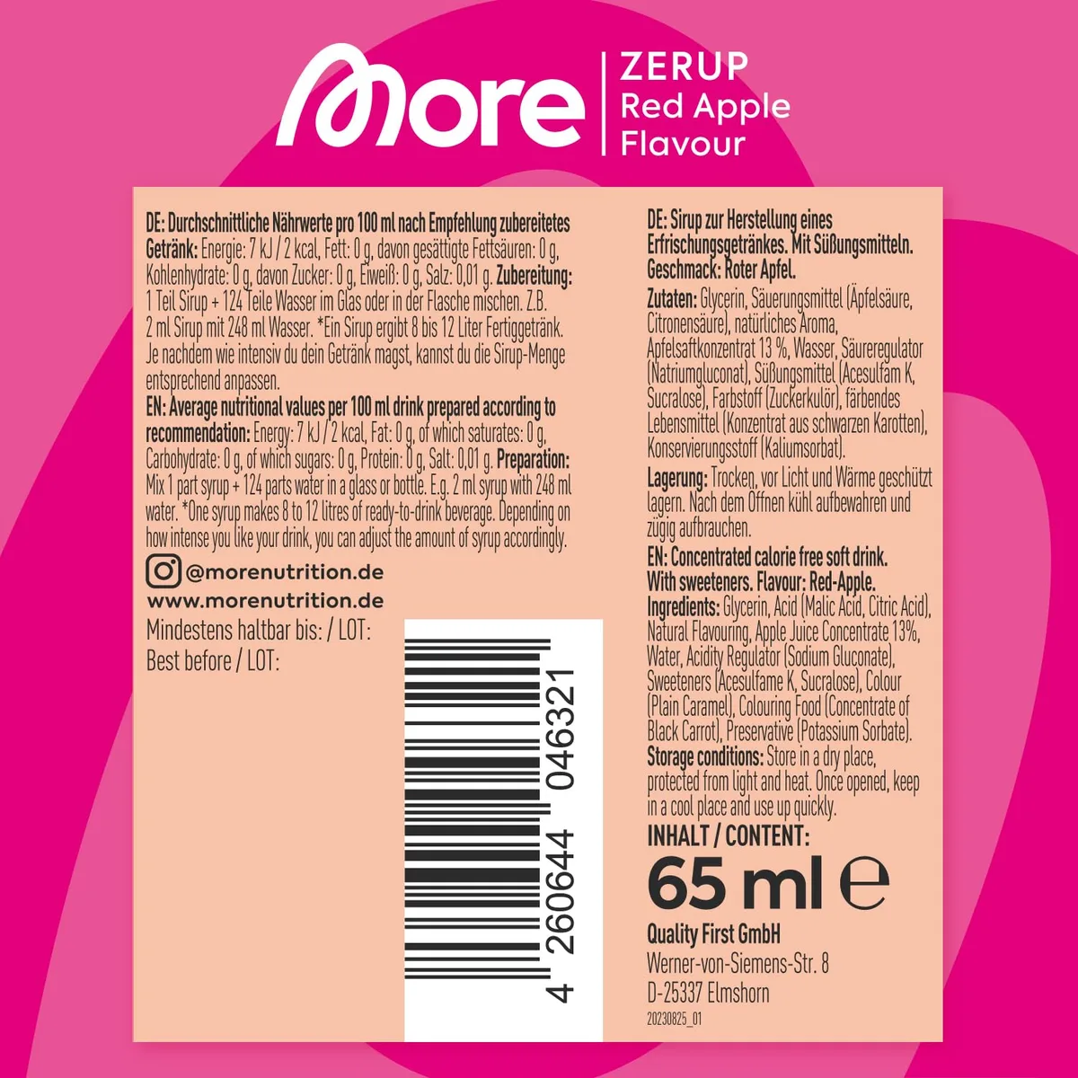 MORE Zerup, Red Apple, 65 ml, für bis zu 8 l Fertiggetränk, zuckerfreier Sirup mit u.a. echten Fruchtextrakten, vegan, zero Kalorien - made in Germany – Bild 4