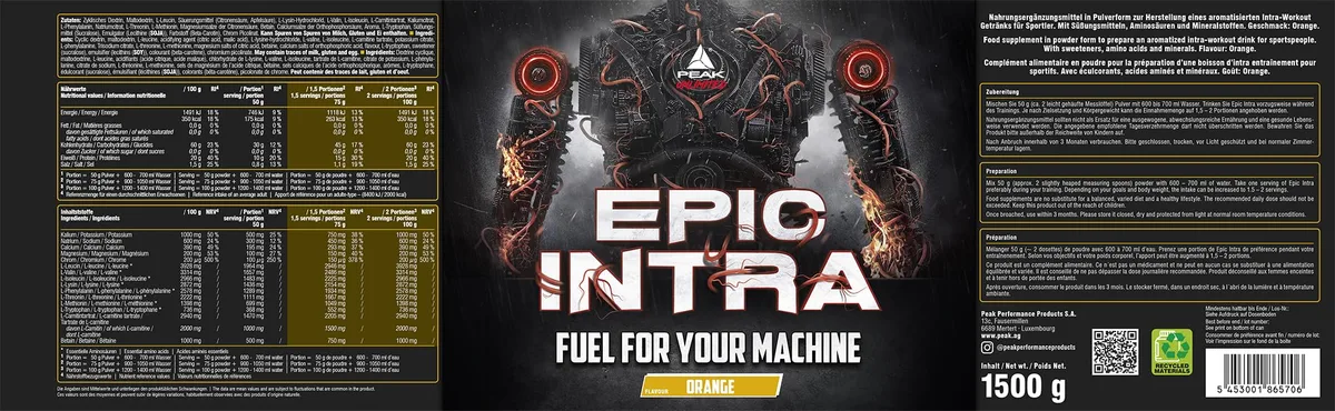 PEAK Epic Intra - 1500g Geschmack Orange I 30 Portionen I Intra Workout Drink mit Cluster Dextrin, Maltodextrin, essentiellen Aminosäuren (EAAs), Betain HCl, L-Carnitin und Elektrolyten für Hydration – Bild 3