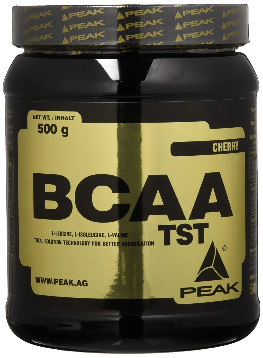 PEAK BCAA - TS-Technology - 500g Geschmack Cherry I 38 Portionen I Pulver I verzweigtkettige Aminosäuren I 2:1:1 (Leucin : Isoleucin : Valin) I schnelle Resorption I vegan