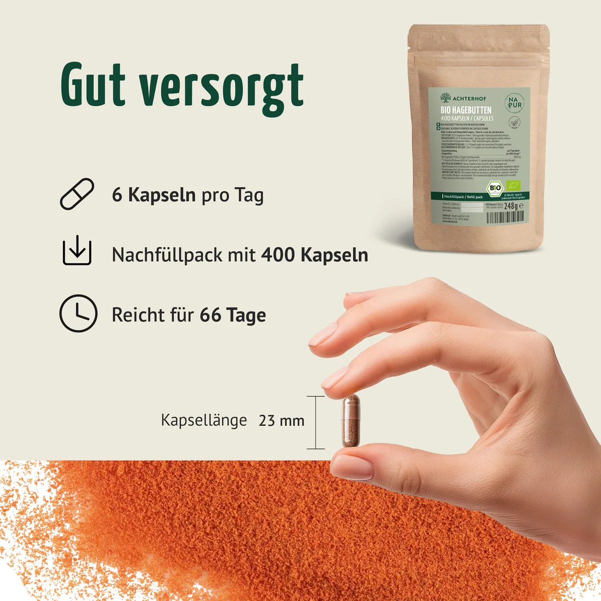 Bio Hagebutten Kapseln Nachfüllpack (400 Kapseln) – Bild 4