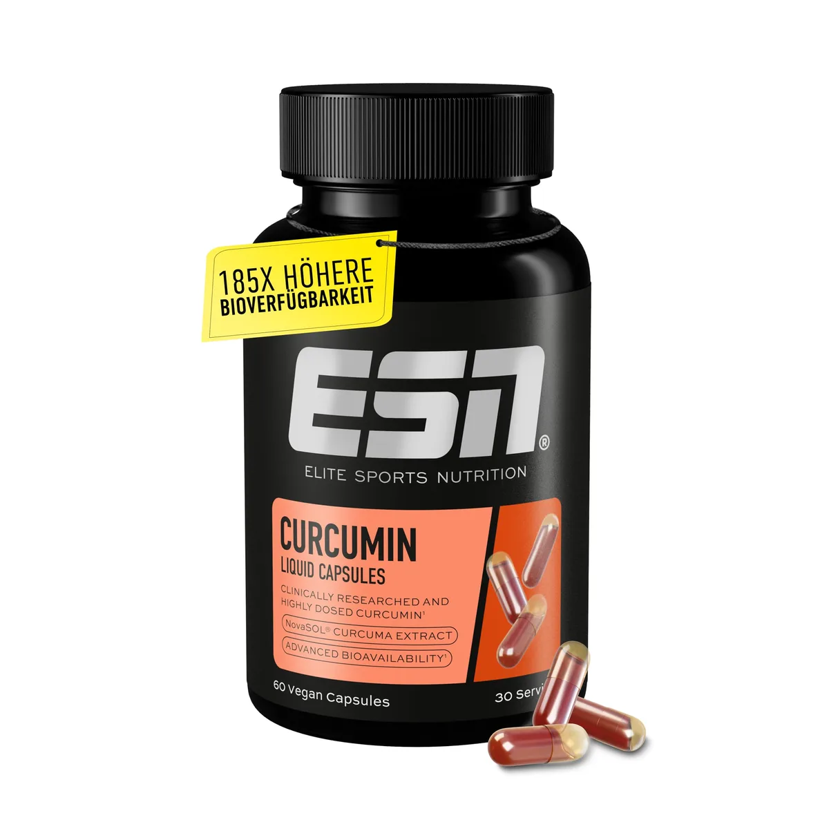 ESN Kurkuma Kapseln, 60 Kapseln, 1000 mg Curcumin pro Portion, aus patentiertem NovaSOL, 185 x höhere Bioverfügbarkeit durch flüssige Form, vegan
