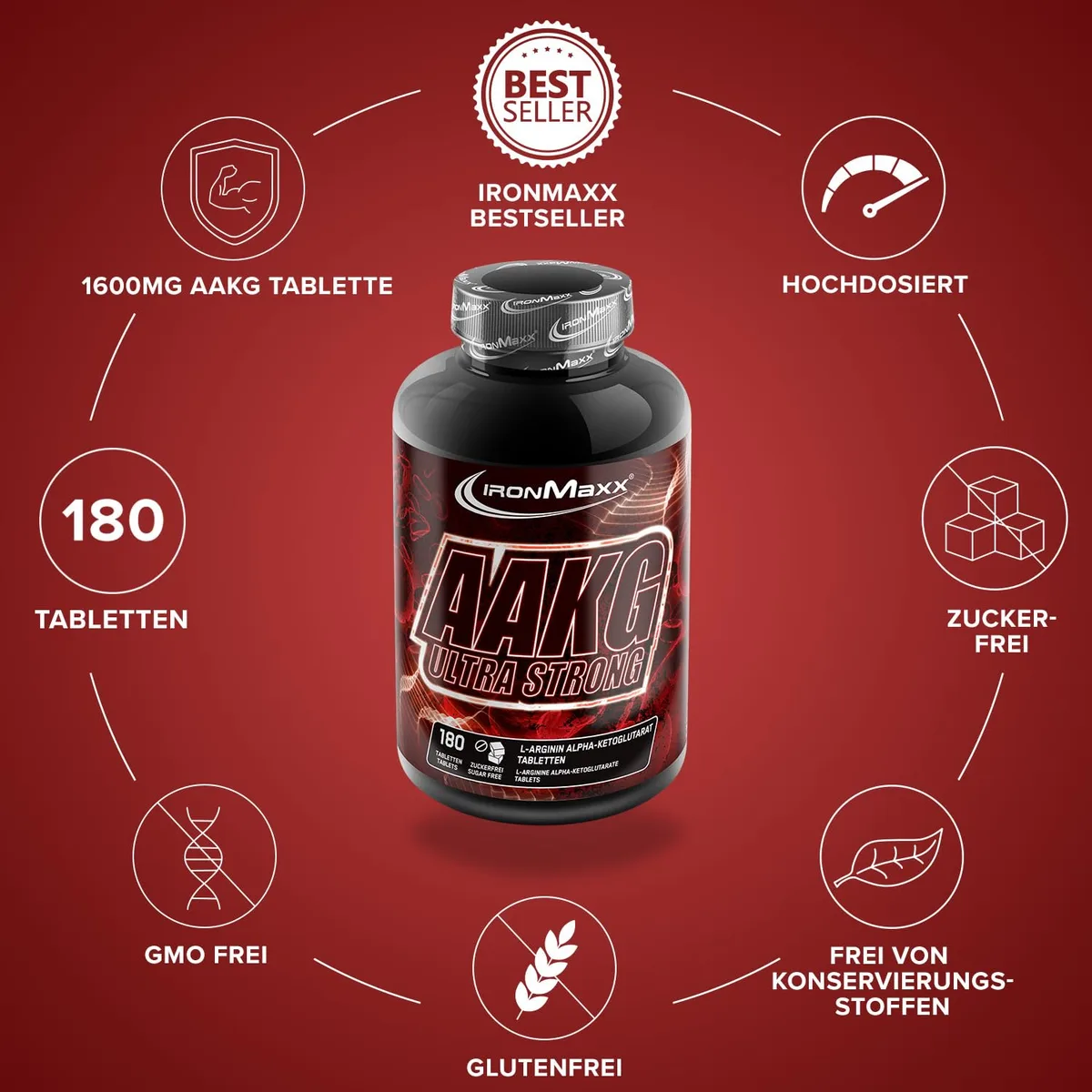 IronMaxx AAKG Ultra Strong - 180 Tabletten | Hochdosiertes Arginin Alpha-Ketoglutarat | Zuckerfrei & laktosefrei | Für aktive Menschen – Bild 5