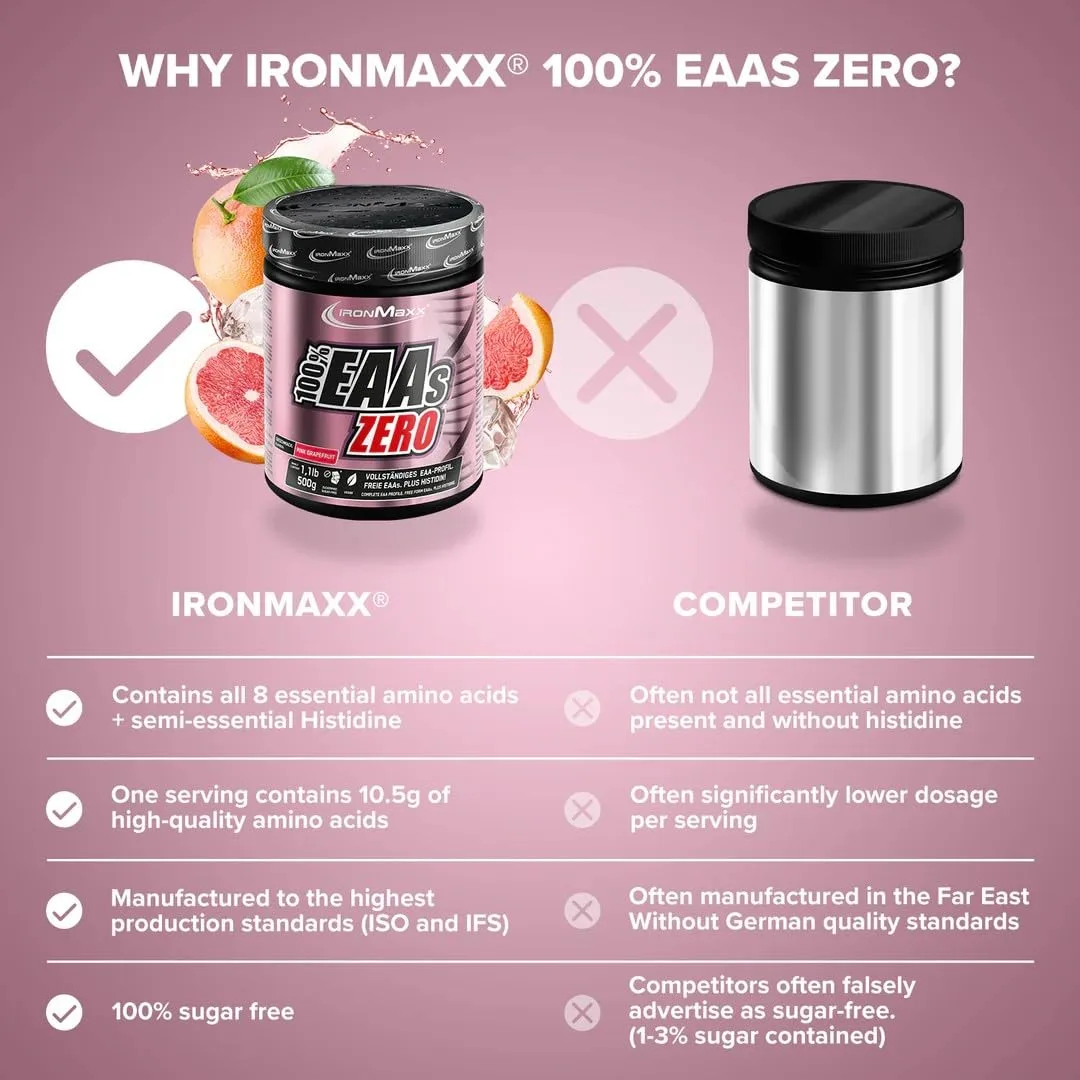IronMaxx 100% EAAs Zero - Pink Grapefruit 500g Dose | EAA-Pulver,Vegan Und Zuckerfrei Mit Allen 8 Essentiellen Aminosäuren | Fruchtiger Geschmack, Frei Von Konservierungsstoffen – Bild 3