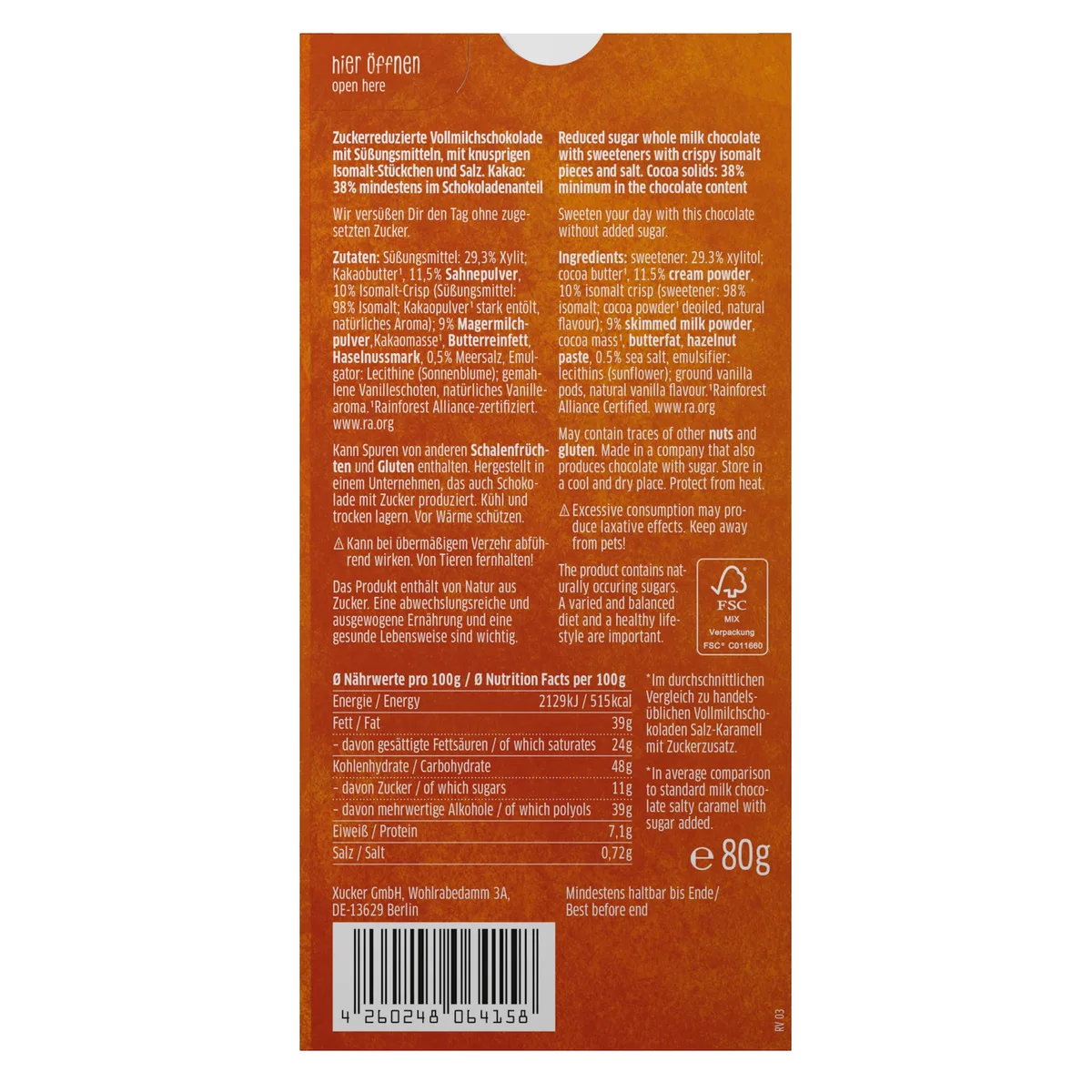Vollmilch Xylit-Schokolade Salz-Karamell (80g) – Bild 2