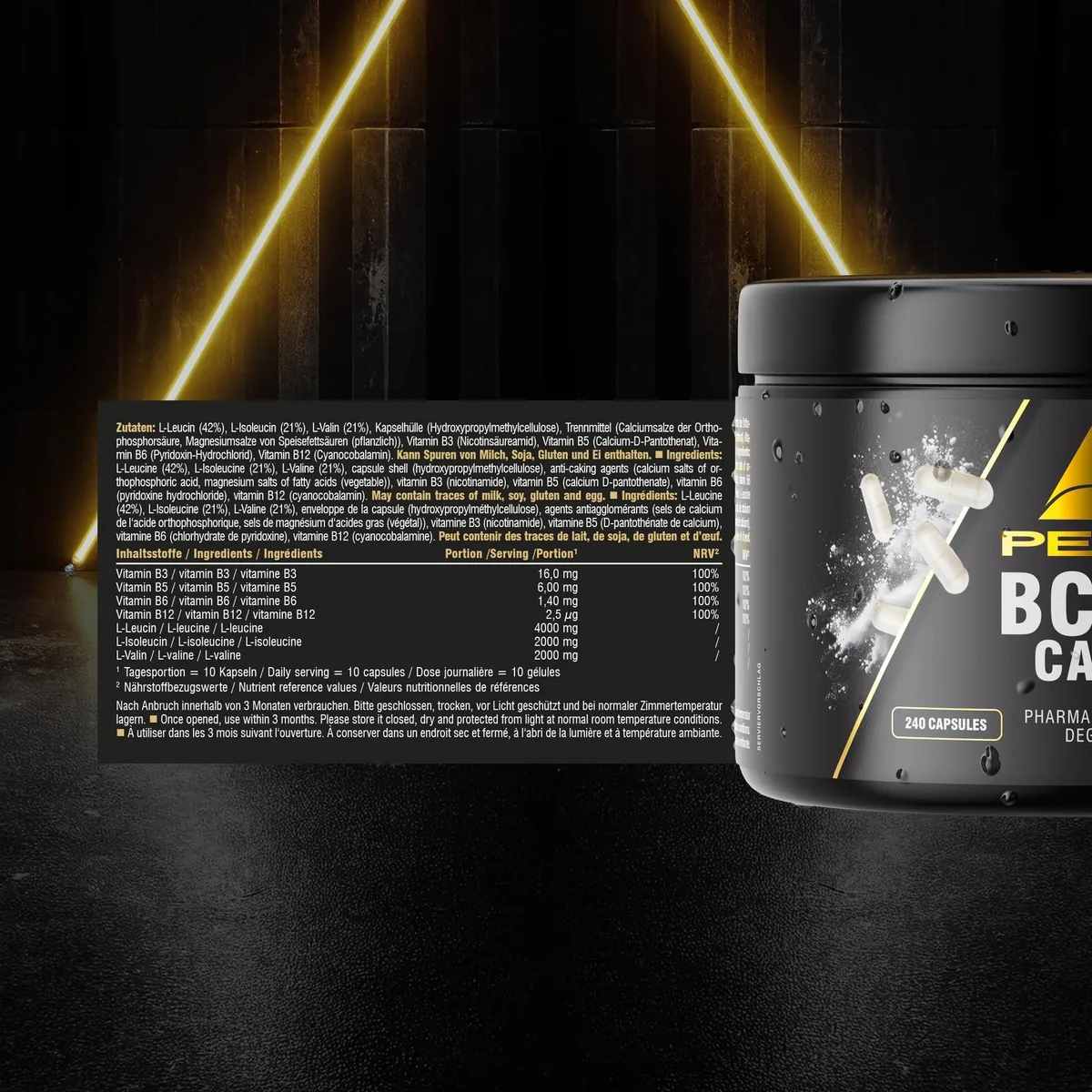 PEAK BCAA Caps - 240 Kapseln I 48 Portionen I verzweigtkettige Aminosäuren I L-Leucin, L-Isoleucin, L-Valin (2:1:1) I mit B-Vitaminen I einfache Einnahme – Bild 2