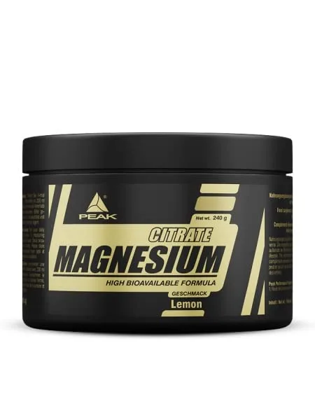 PEAK Magnesium Citrat - 240g Geschmack Lemon I Pulver I 60 Portionen I hohe Bioverfügbarkeit I für eine normale Muskelfunktion I 250mg elementares Magnesium pro Portion