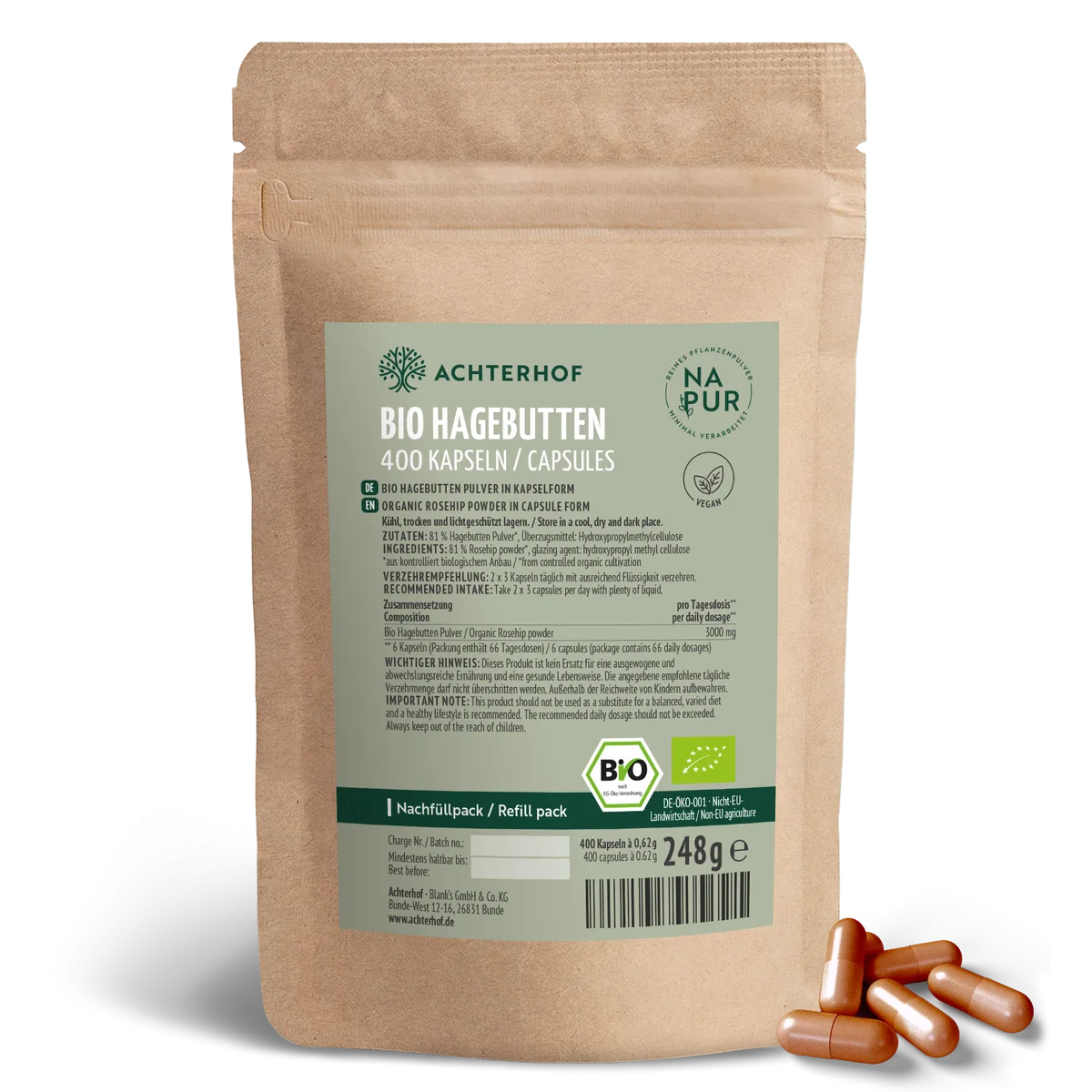 Bio Hagebutten Kapseln Nachfüllpack (400 Kapseln)