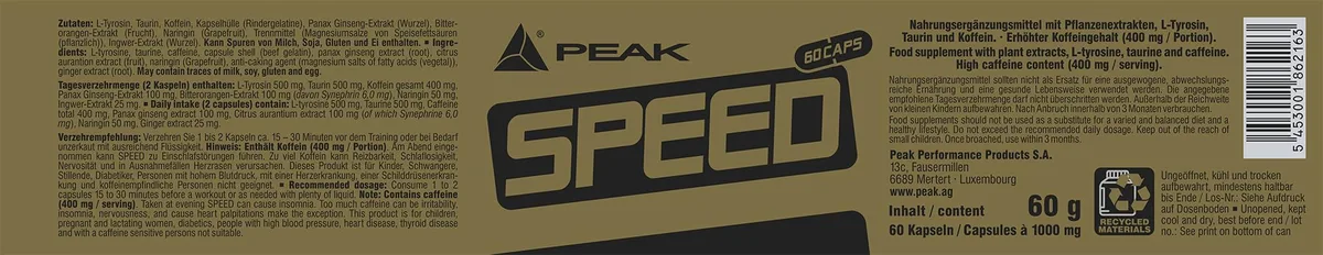PEAK Speed - 60 Kapseln I 30 Portionen I für die Diät und als Pre-Workout Booster I mit Koffein, Aminosäuren, Pflanzenextrakten (Bitterorange, Panax Ginseng) – Bild 2