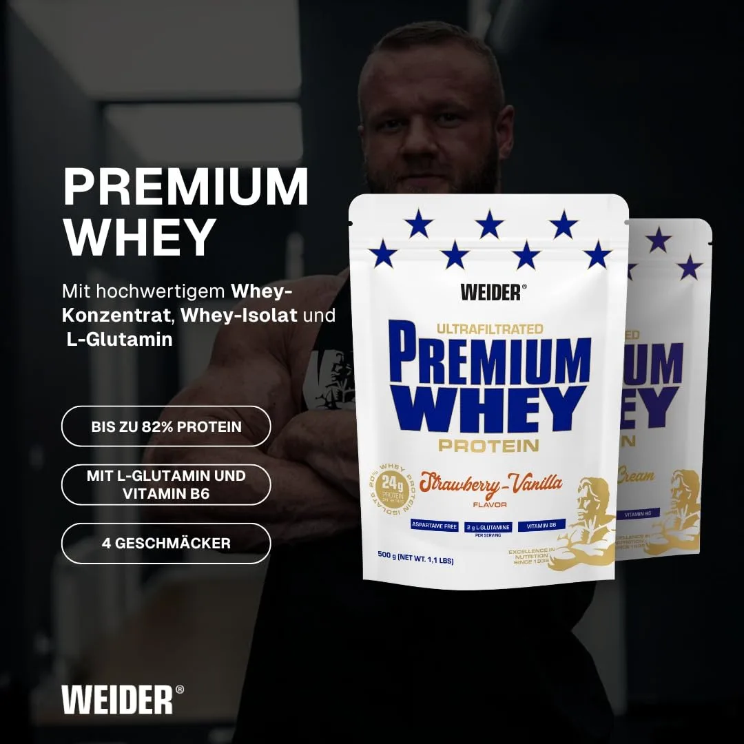 Weider Premium Whey Protein Pulver - Hoher Proteingehalt, wenig Kohlenhydrate & wenig Fett mit L-Glutamin und Vitamin B6-500g - Erdbeer-Vanilla – Bild 2