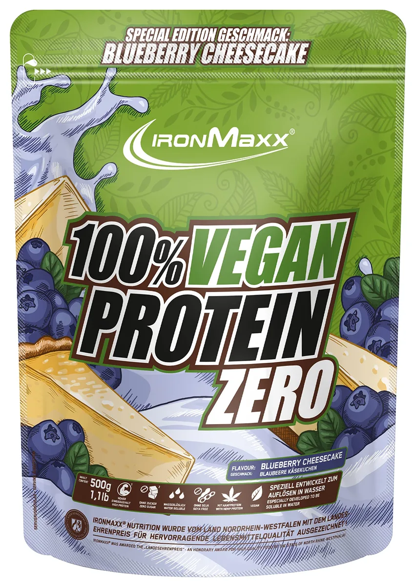 IronMaxx 100% Vegan Protein Zero - Blueberry Cheesecake 500g | Veganes Eiweißpulver ohne Zucker | Low Carb Protein Shake, High Protein, laktosefrei, geeignet für Muskelaufbau & Diät