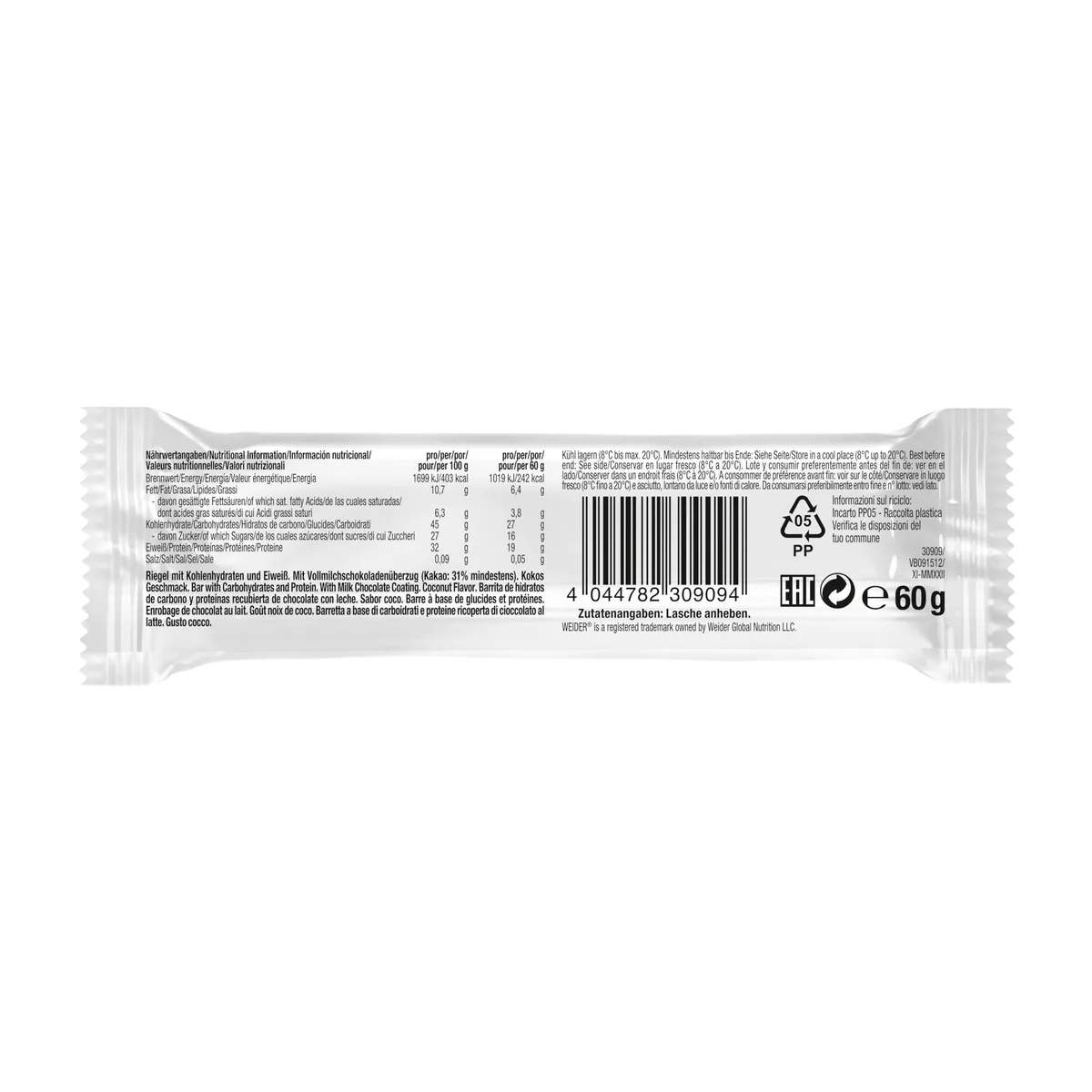 Weider - 32% Protein Bar - Proteinriegel mit Vollmilchschokolade - Mit 19 g Protein, Muskelaufbau - 12 x 60g - Kokosnuss – Bild 2