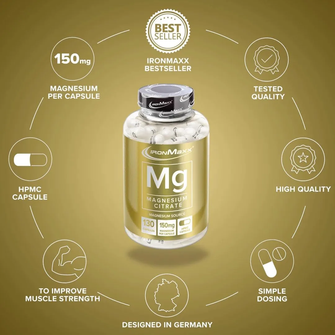 IronMaxx Magnesium - 130 Kapseln Hochwertiges Magnesium zur Unterstützung der Muskelfunktion | 150mg Magnesium pro Portion | ohne Rindergelatine – Bild 5