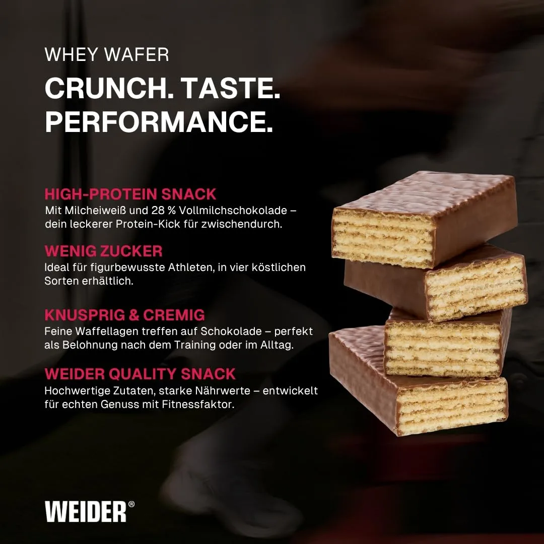 Weider - Whey Wafer - Knuspriger Proteinriegel mit 30% Eiweiß und Schokoladenüberzug - Wenig Zucker, Protein Snack - Box mit 12x35g - Schoko – Bild 3