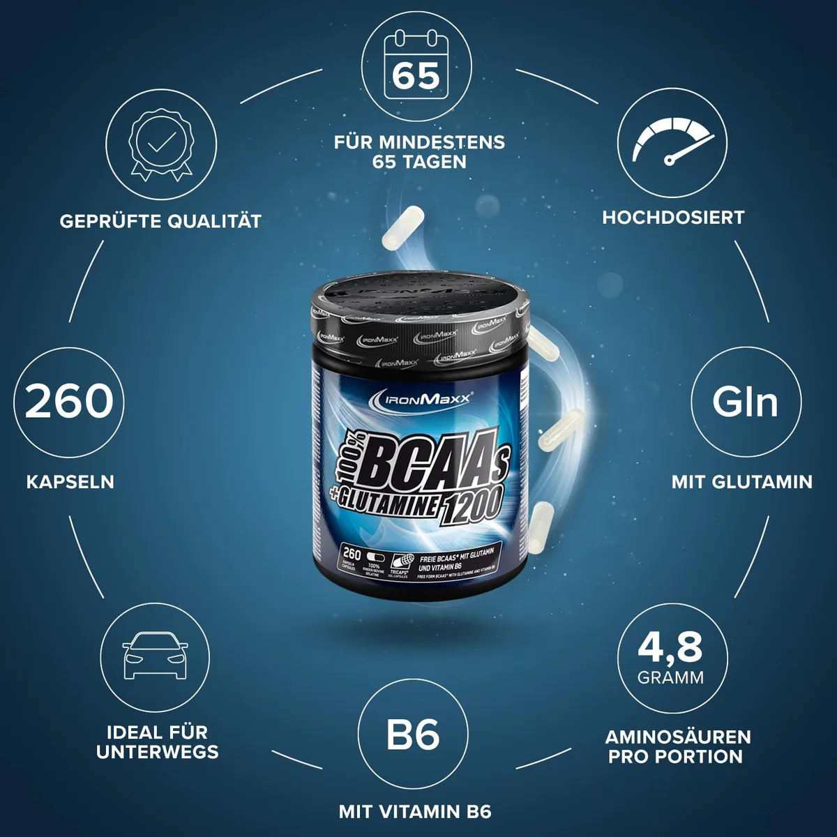 IronMaxx BCAA's + Glutamine - 1200 (260 Tricaps) | BCAA-Kapseln, zuckerfrei und frei von Konservierungsstoffen | Hochdosierte Aminosäurekapseln inklusive allen BCAAs und L-Glutamin – Bild 5