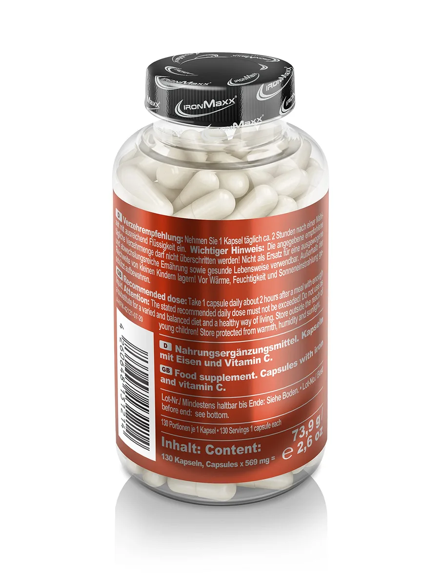 IronMaxx Iron + Vitamin C - 130 Kapseln | hochdosiert mit 40mg Eisen und 40mg Vitamin C | vegan mit hoher Bioverfügbarkeit – Bild 3