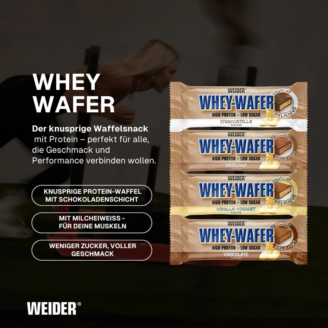Weider - Whey Wafer - Knuspriger Proteinriegel mit 30% Eiweiß und Schokoladenüberzug - Wenig Zucker, Protein Snack - Box mit 12x35g - Schoko – Bild 2