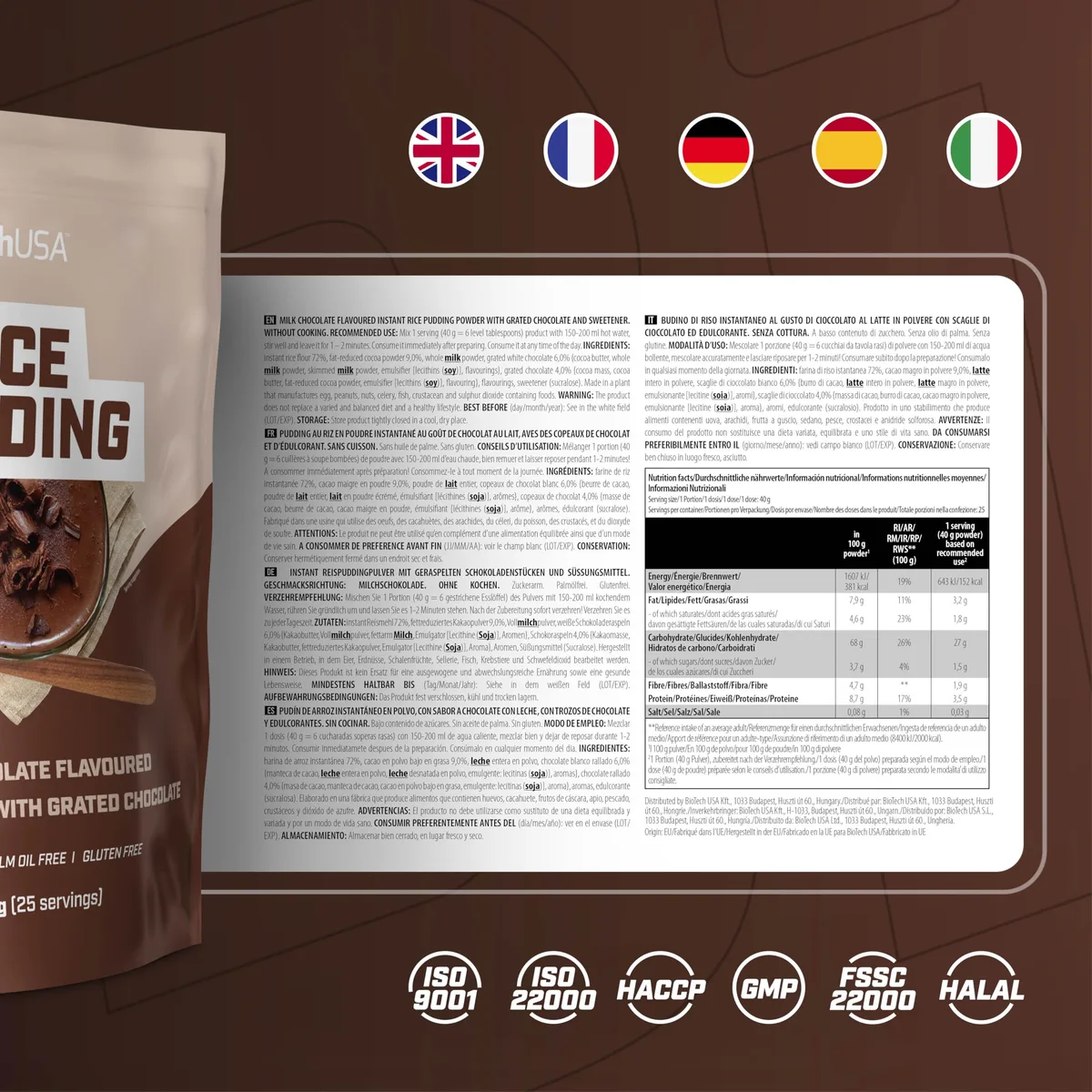 BioTechUSA Rice Pudding | Instant-Milchreis-Pulver | Mit geriebenen Schokoladenstückchen | Niedriger Zuckergehalt | Glutenfrei, 1000 g, Milchschokolade – Bild 7