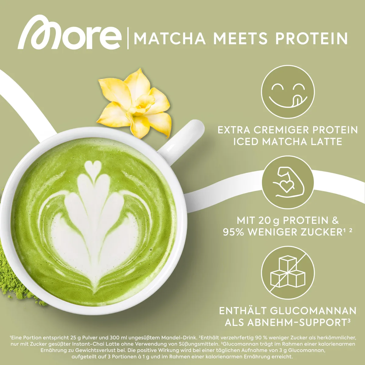 MORE Protein Iced Matcha Latte, 500g, Matcha Grünteepulver mit wertvollen Proteinen, wenig Zucker und Fett - made in Germany – Bild 2