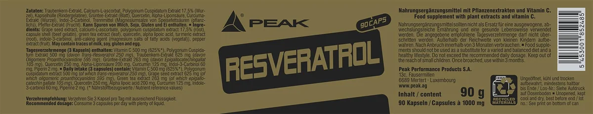 PEAK Resveratrol - 90 Kapseln I 30 Portionen I Wirkstoff des Rotweins mit Synergiesubstraten I OPC Traubenkern-, Grüntee-, Curcumin Extrakt, Quercetin, Alpha Liponsäure – Bild 2