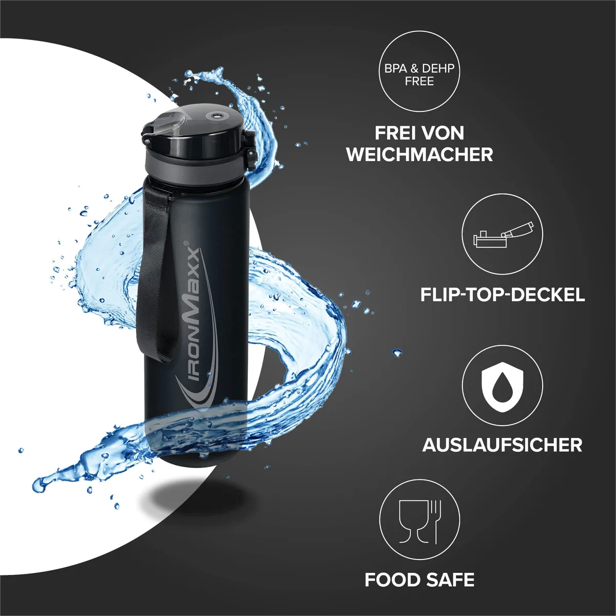 Sport Water Bottle (1000ml) - Deep Black – Bild 7