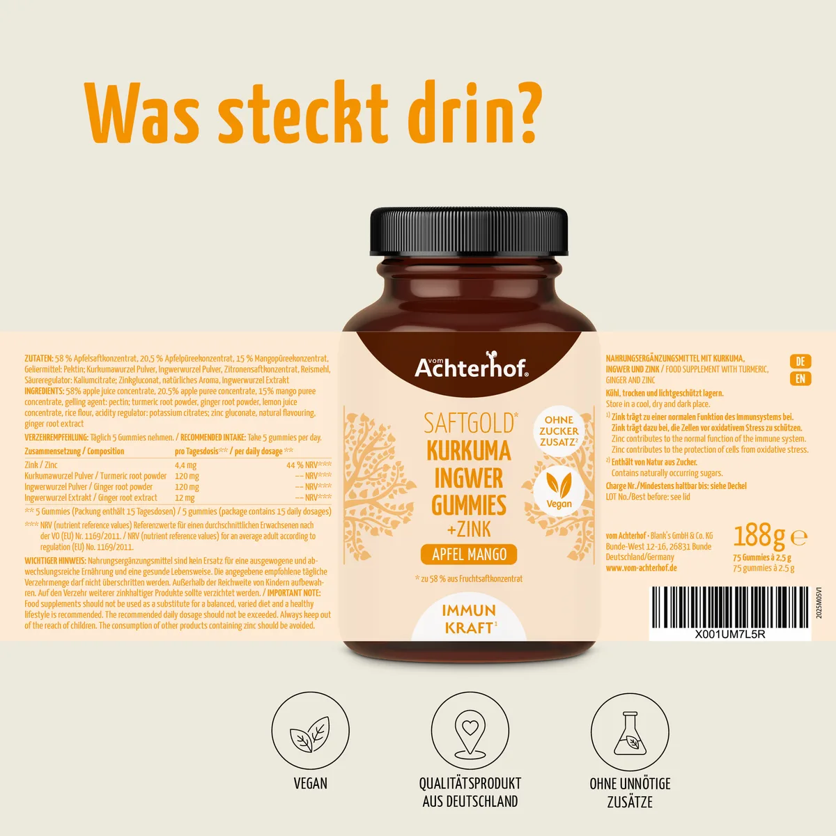 Saftgold Kurkuma Ingwer Gummies Apfel Mango + Zink (75 Stück) – Bild 8