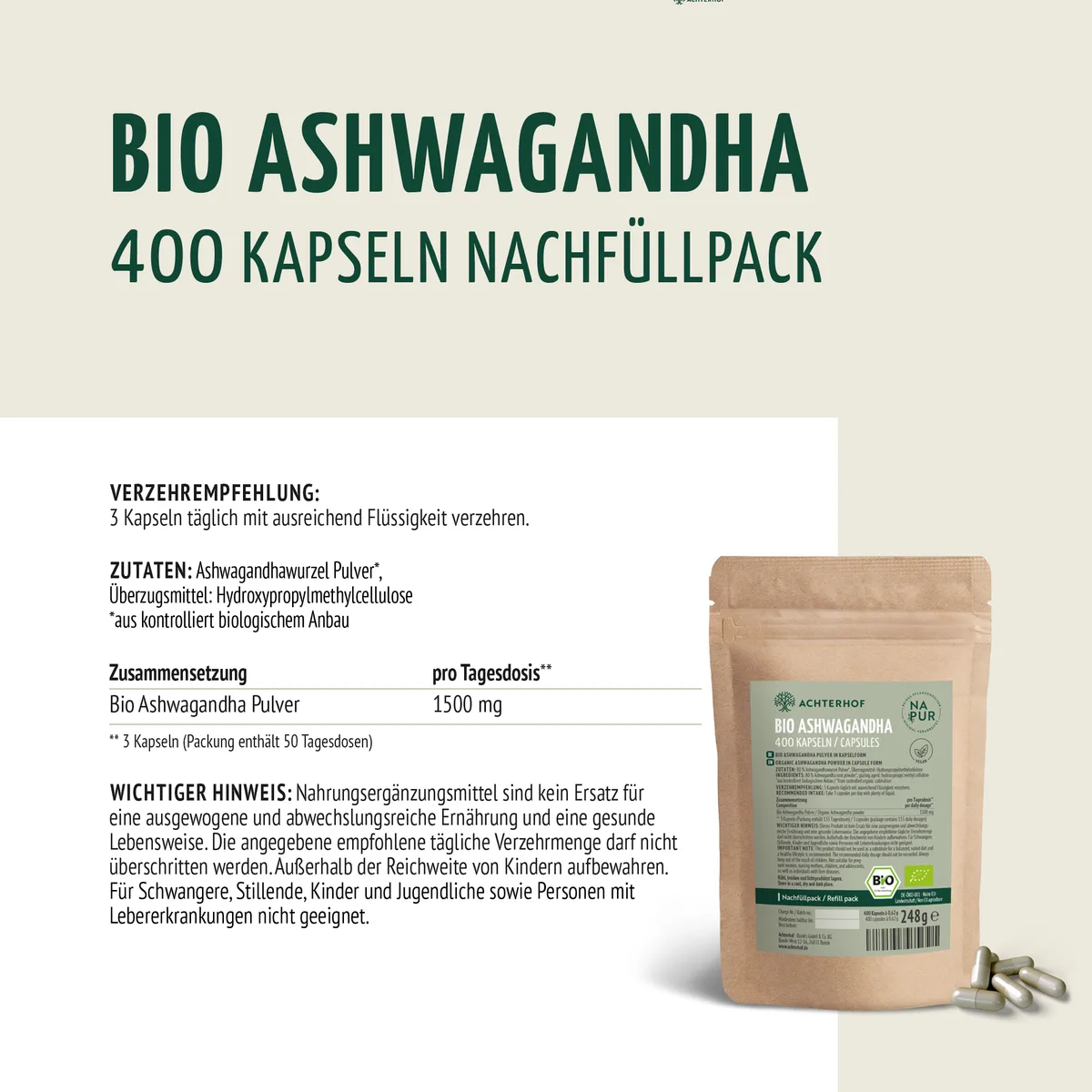 Ashwagandha Kapseln Bio Nachfüllpack (400 Kapseln) – Bild 8