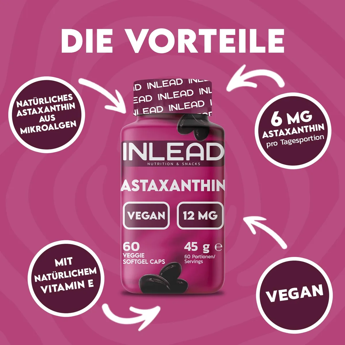 INLEAD - Astaxanthin | natürlich aus Mikroalgen | 6 mg pro Tagesportion - mit natürlichem Vitamin E - 60 vegane Softgel Kapseln – Bild 2