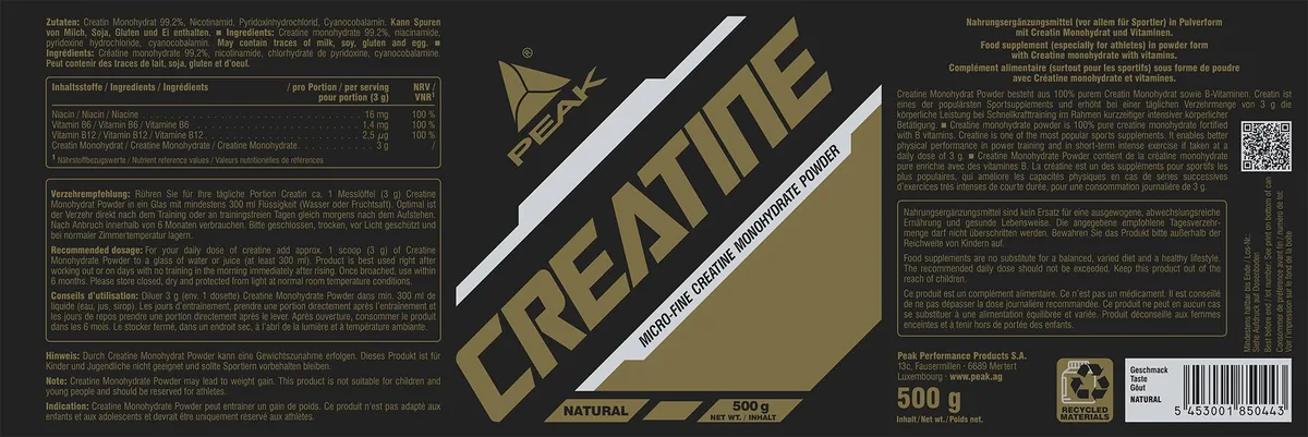 PEAK Creatin Monohydrat - 500g geschmacksneutral I 166 Portionen I mikrofeines Pulver mit perfekter Löslichkeit I mit B-Vitaminen – Bild 2
