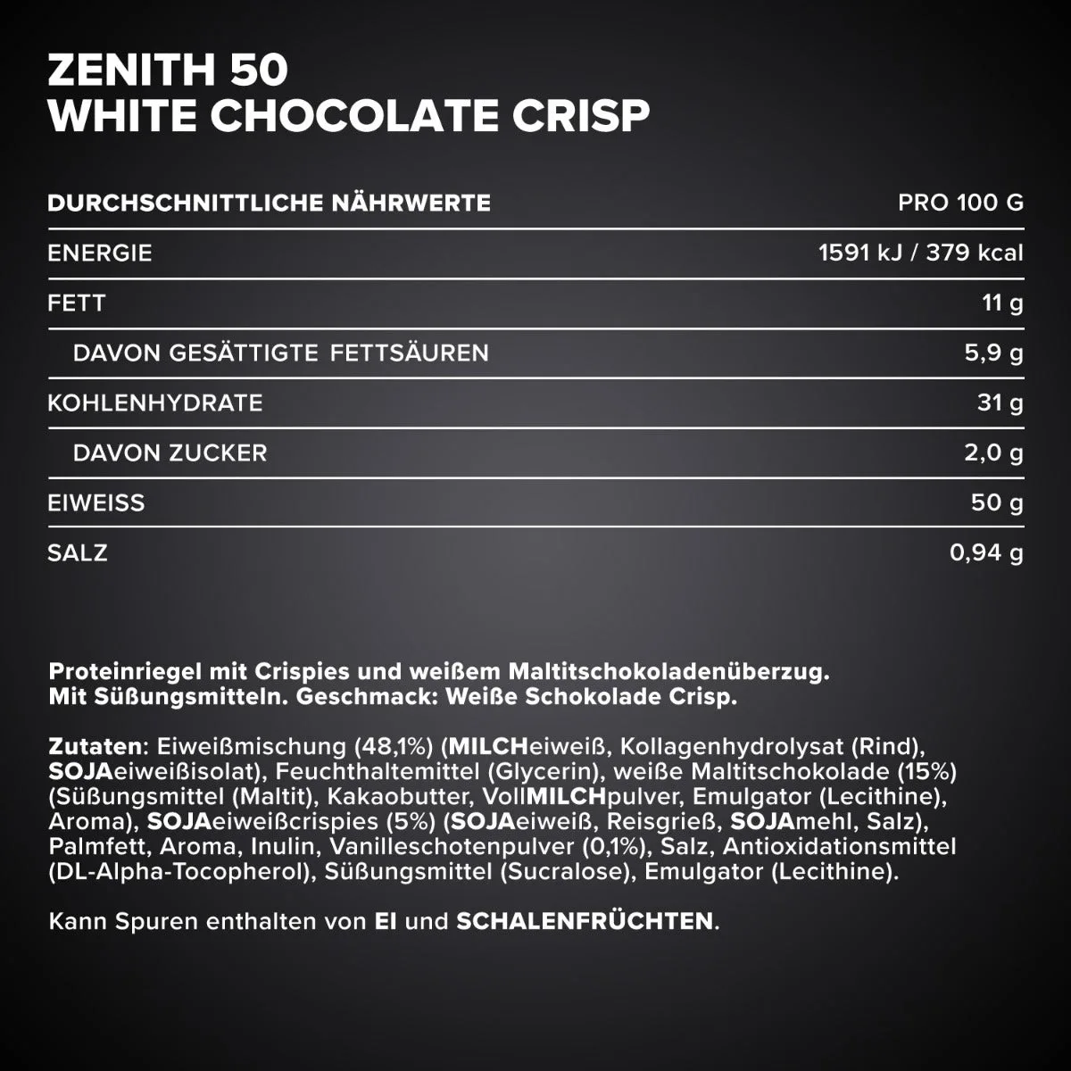 ZENITH® 50 Protein Riegel (12x100g) - Weiße Schokolade Crisp – Bild 5