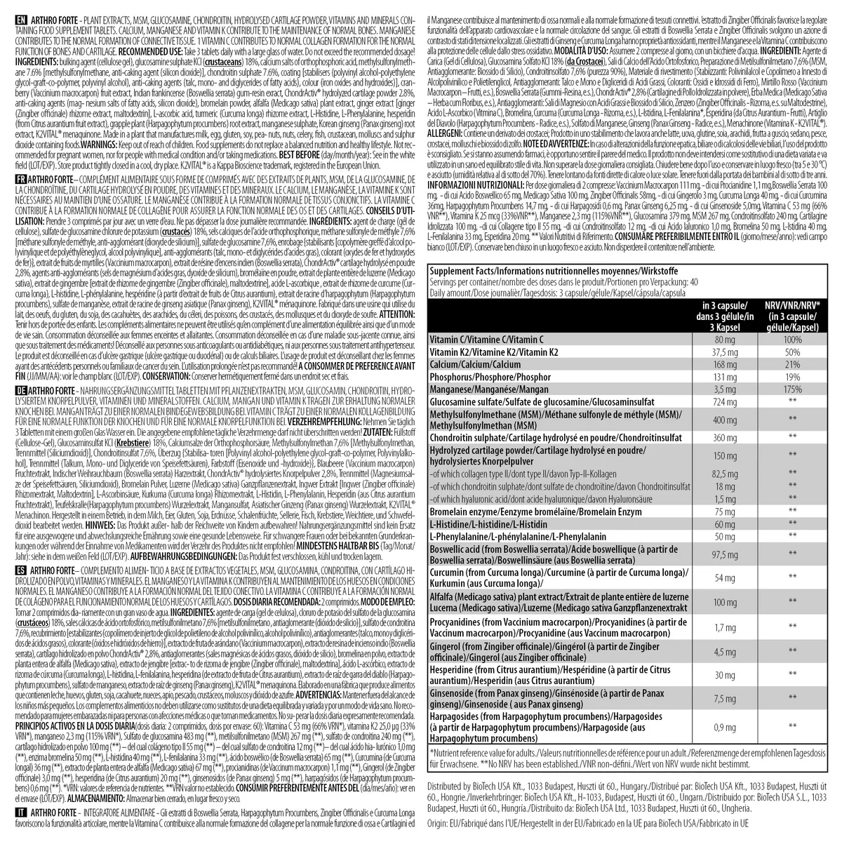 BioTechUSA Arthro Forte, Nahrungsergänzungsmitteltablette mit Pflanzenextrakten, MSM, Glukosamin, Chondroitin, MSM, hydrolysiertem Knorpelpulver und Vitamin C, 120 Tabletten – Bild 4
