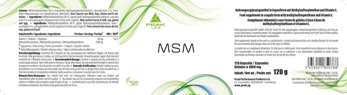 PEAK MSM - 120 Kapseln I 40 Portionen mit reinem Methylsulfonylmethan (MSM) und Vitamin C (Ascorbinsäure) | hochwertige Kombination in praktischer Kapselform – Bild 2