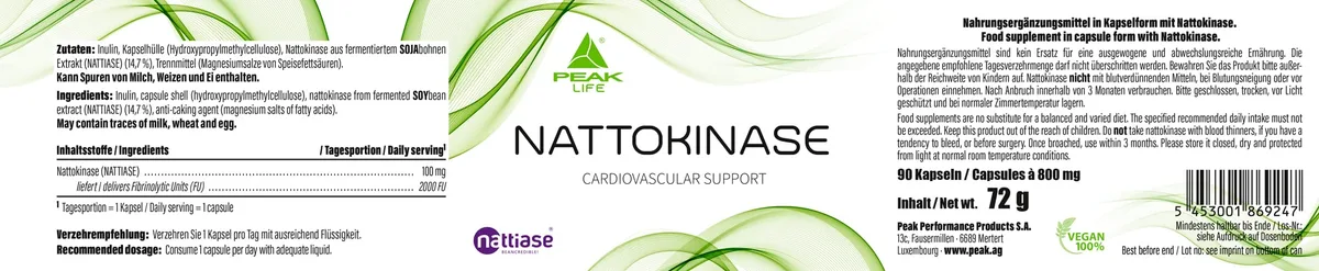 PEAK Nattokinase - 90 Kapseln I 90 Portionen I 2000 FU pro Portion I Nattiase I Herz- Kreislauf System I Blutdruck I vegan – Bild 4