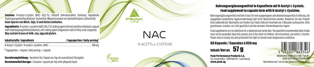 PEAK NAC - 60 Kapseln I 60 Portionen I Nahrungsergänzungsmittel mit 600mg hochdosiertem N-Acetyl-L-Cystein I hohe Bioverfügbarkeit I vegan – Bild 4