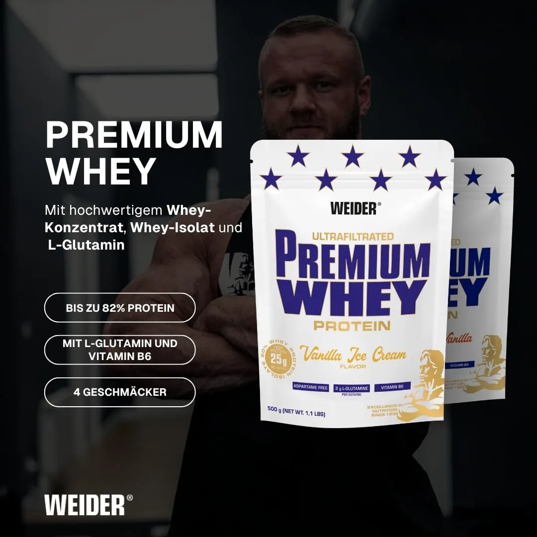 Weider Premium Whey Protein Pulver - Hoher Proteingehalt, wenig Kohlenhydrate & wenig Fett mit L-Glutamin und Vitamin B6-500g - Vanilla Ice-Cream – Bild 2