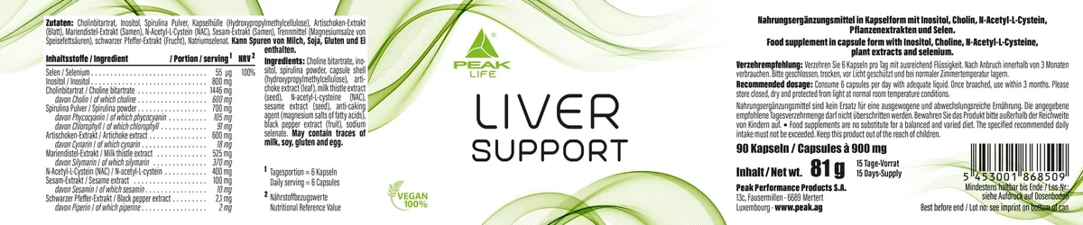 PEAK Liver Support - 90 Kapseln I 15 Portionen I Leber Unterstützung I Inositol I NAC I Pflanzenextrakte I Cholin I Artischoken Extrakt I vegan – Bild 4