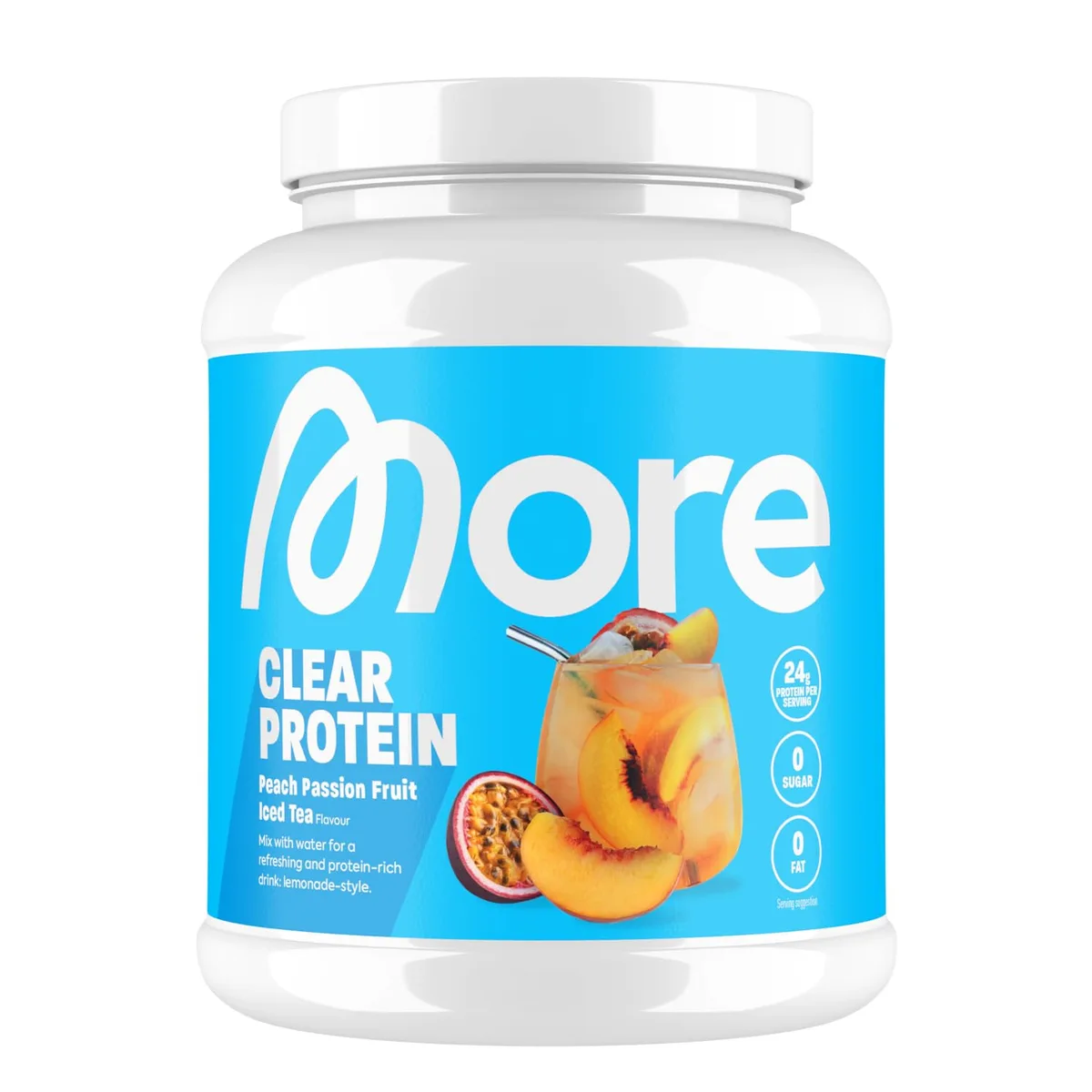MORE Clear Protein, Peach Passionfruit Ice Tea, 600 g, Protein Drink mit Whey Isolat - made in Germany