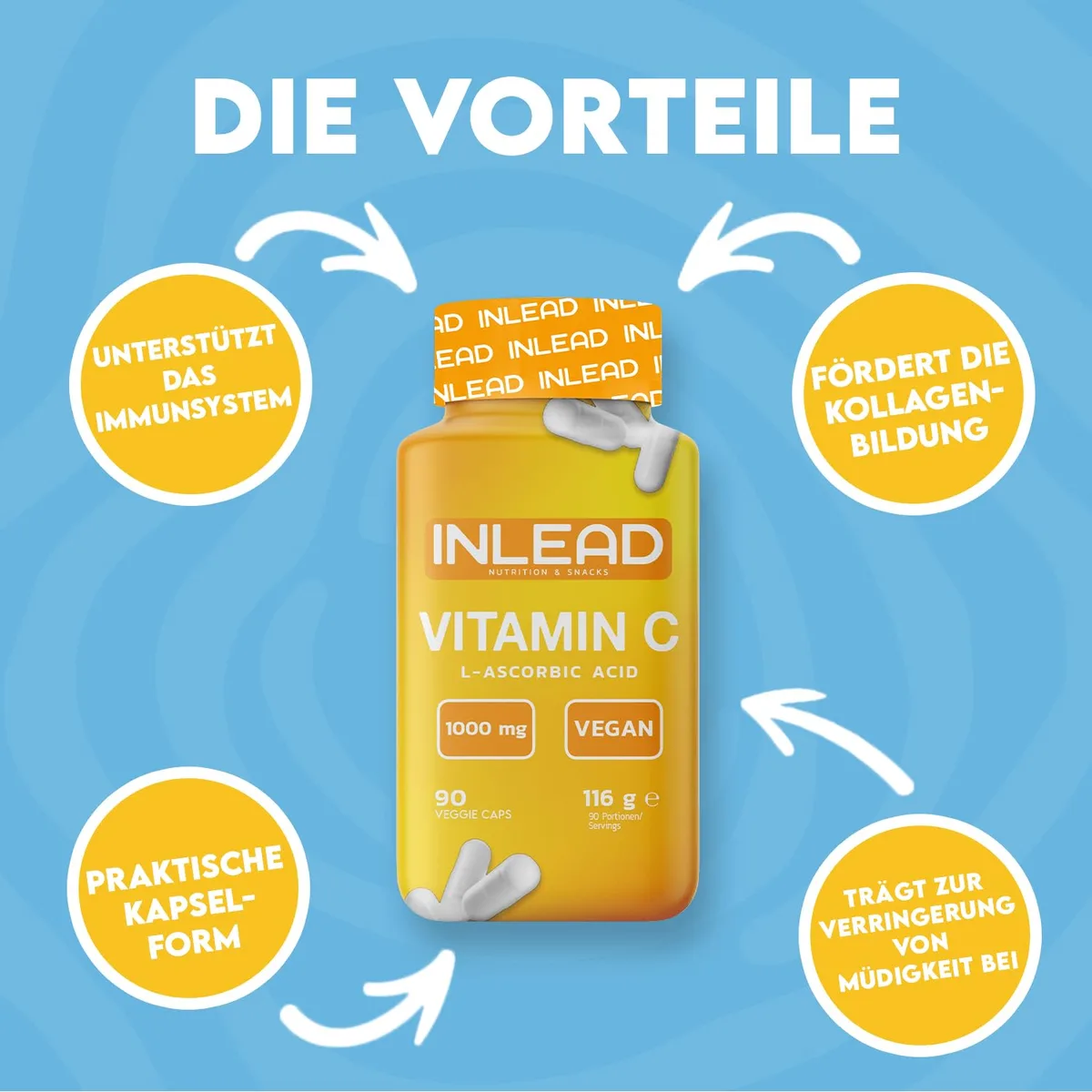 INLEAD - Vitamin C | Starkes Antioxidans zur Unterstützung des Immunsystems und der Kollagenproduktion - 90 Kapseln – Bild 2