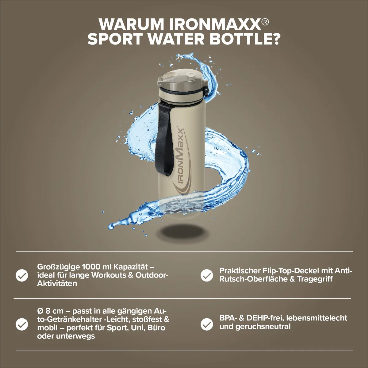 Sport Water Bottle (1000ml) - Sandstone Beige – Bild 3