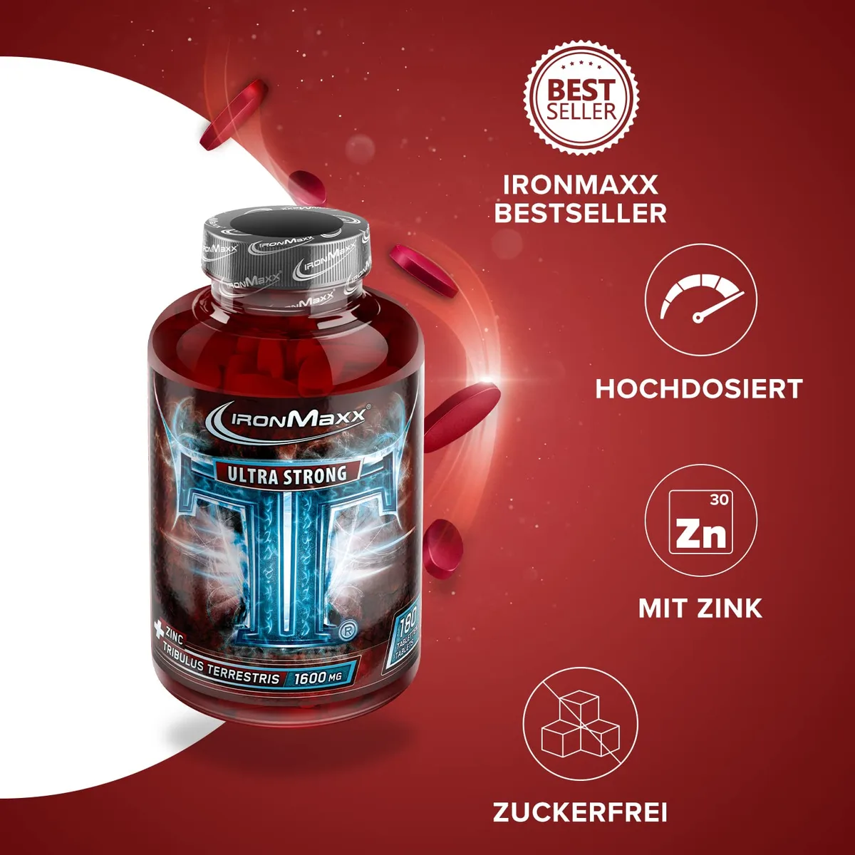 IronMaxx TT Ultra Strong Tribulus Terrestris - 180 Tabletten | 1600mg Tribulut Terrestris Extrakt pro Tablette | hochdosiert mit Zink – Bild 2