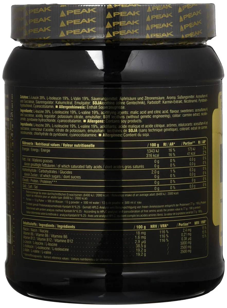 PEAK BCAA - TS-Technology - 500g Geschmack Cherry I 38 Portionen I Pulver I verzweigtkettige Aminosäuren I 2:1:1 (Leucin : Isoleucin : Valin) I schnelle Resorption I vegan – Bild 3